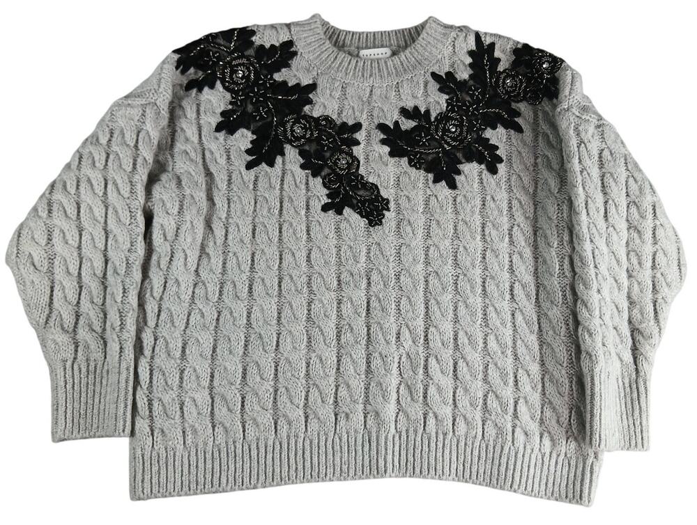 Topshop Sweater Womens Size 12 Large Gray Floral Lace Applique Knit Vintage Chic
